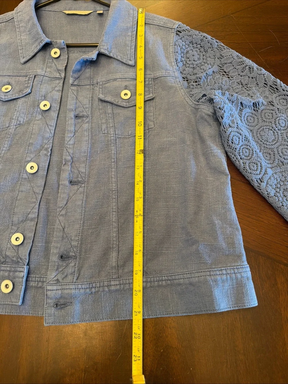 Soft Surroundings Light Blue Denim Jacket with Crochet Sleeves